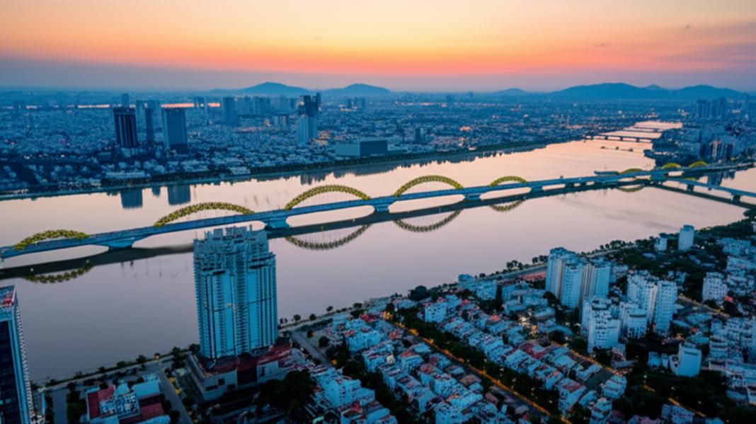 Da Nang sunset aerial view showcases city