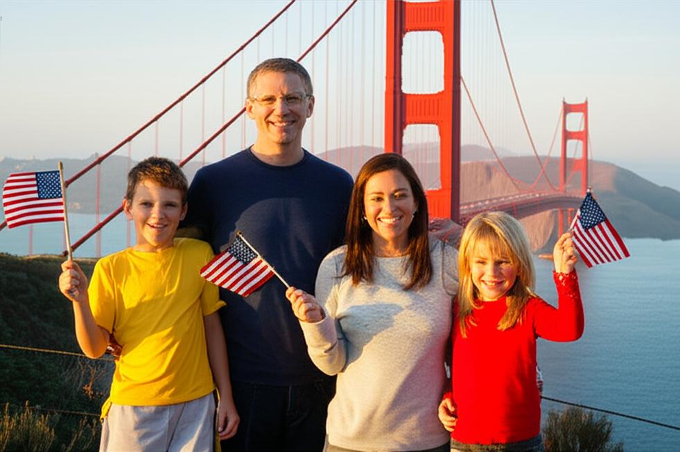 Family travels happily to Golden Gate Bridge