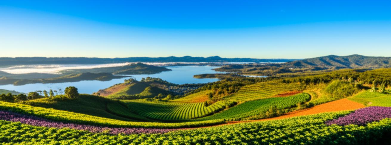 Đà Lạt panoramic view, golden hour, rolling hills.
