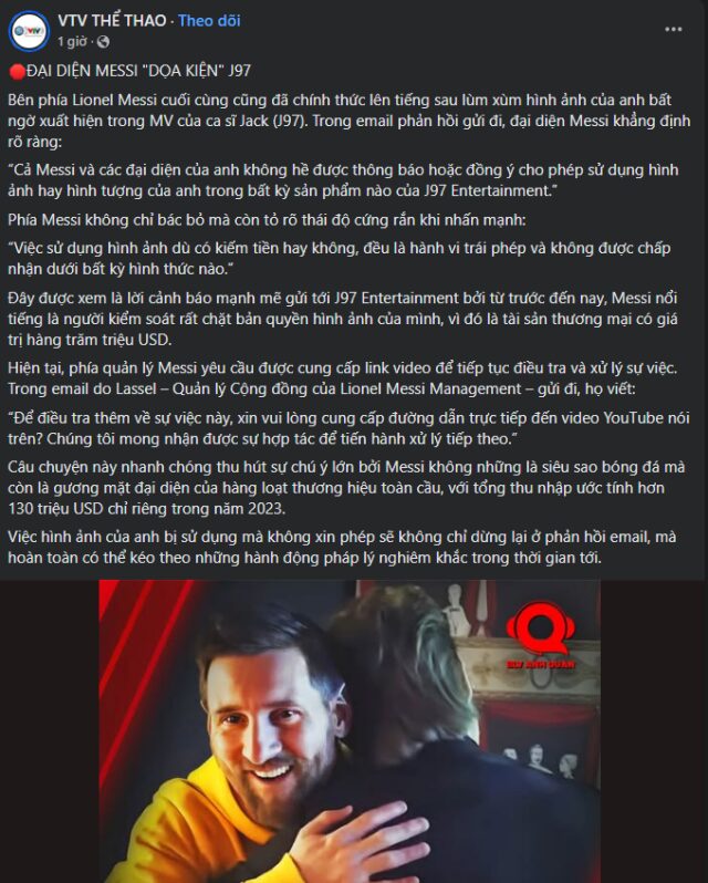 NÓNG: Rộ tin phía Messi chỉ đích danh Jack J97, dọa kiện nam ca sĩ Việt Nam vì hành động trái phép? nong ro tin phia messi chi dich danh jack j97 doa kien nam ca si viet nam vi hanh dong trai phep